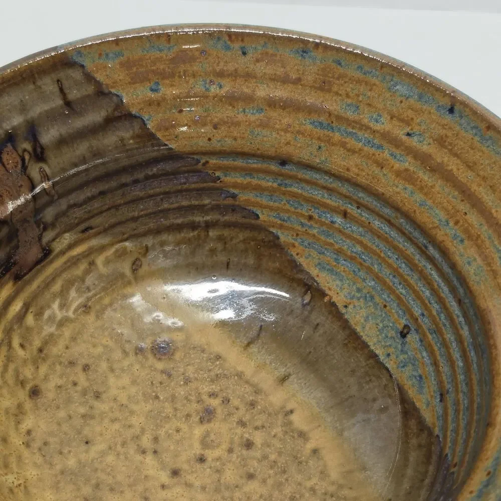 Vintage Studio Pottery Bowl Artist Signed Tan Blue Glazed Cottagecore